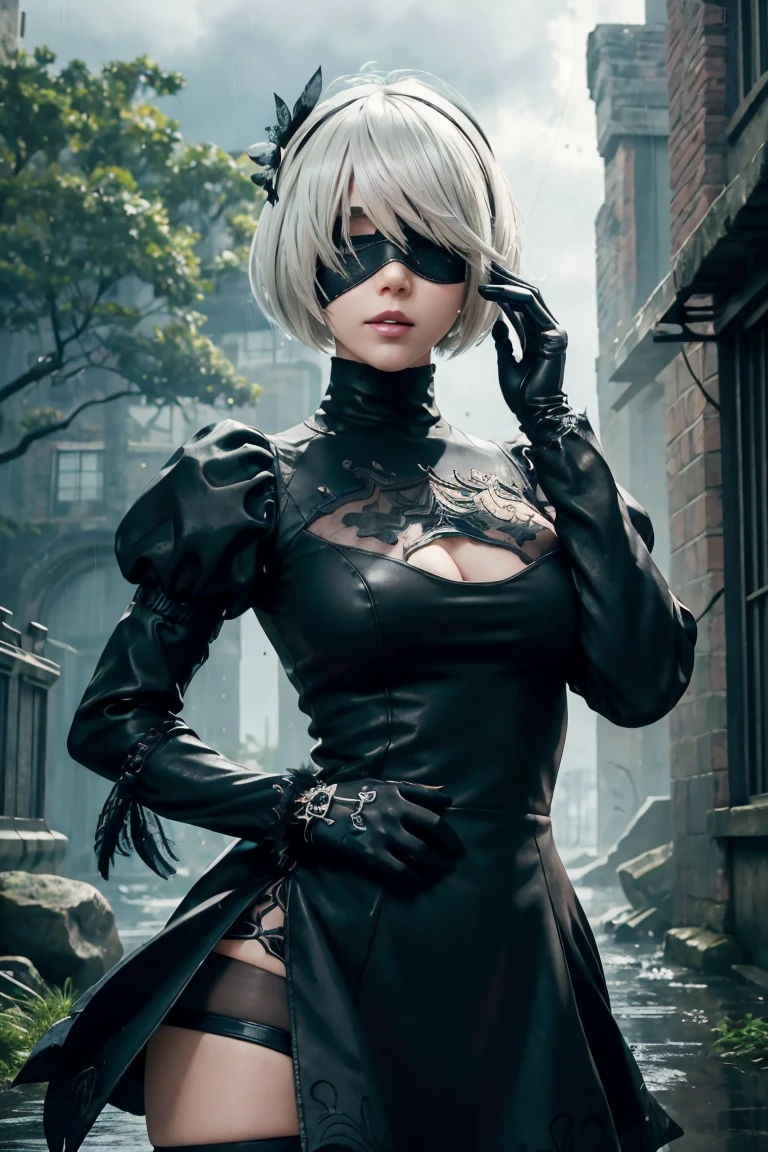 2B Nier Automata,Bobcut, Gray Hair,Long sleeve, Juliet Sleeve, White gloves, turtleneck, bangs, Feather ornament, Feather ornament sleeves, Blindfold, Black Goth Dress,Japanese Ultra HD,super high quality,masterpiece,Digital SLR,Photorealistic,Detailed details,Vivid details,Depicted in detail,A detailed face,Detailed details,Super Detail,Realistic skin texture,Anatomical basis,Perfect Anatomy,Anatomically correct hand,Anatomically correct fingers,Complex 3D rendering,Sexy pose,Rainy Sky,Beautiful scenery,Fantastic rainy sky,Fantasy worldview,Picturesque,Pink Lips,Black butterfly々Fluttering,A ruined world,A devastated battlefield,ruins,