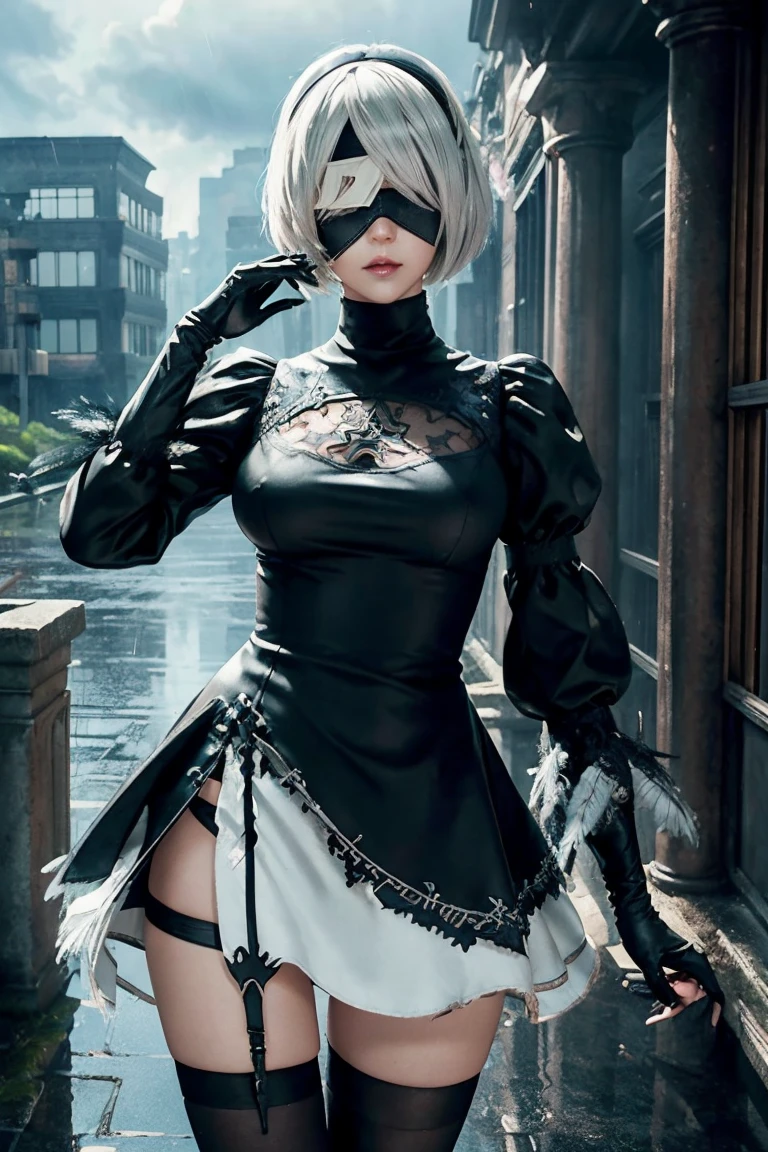 2B Nier Automata,Bobcut, Gray Hair,Long sleeve, Juliet Sleeve, White gloves, turtleneck, bangs, Feather ornament, Feather ornament sleeves, Blindfold, Black Goth Dress,Japanese Ultra HD,super high quality,masterpiece,Digital SLR,Photorealistic,Detailed details,Vivid details,Depicted in detail,A detailed face,Detailed details,Super Detail,Realistic skin texture,Anatomical basis,Perfect Anatomy,Anatomically correct hand,Anatomically correct fingers,Complex 3D rendering,Sexy pose,Rainy Sky,Beautiful scenery,Fantastic rainy sky,Fantasy worldview,Picturesque,Pink Lips,Black butterfly々Fluttering,A ruined world,A devastated battlefield,ruins,