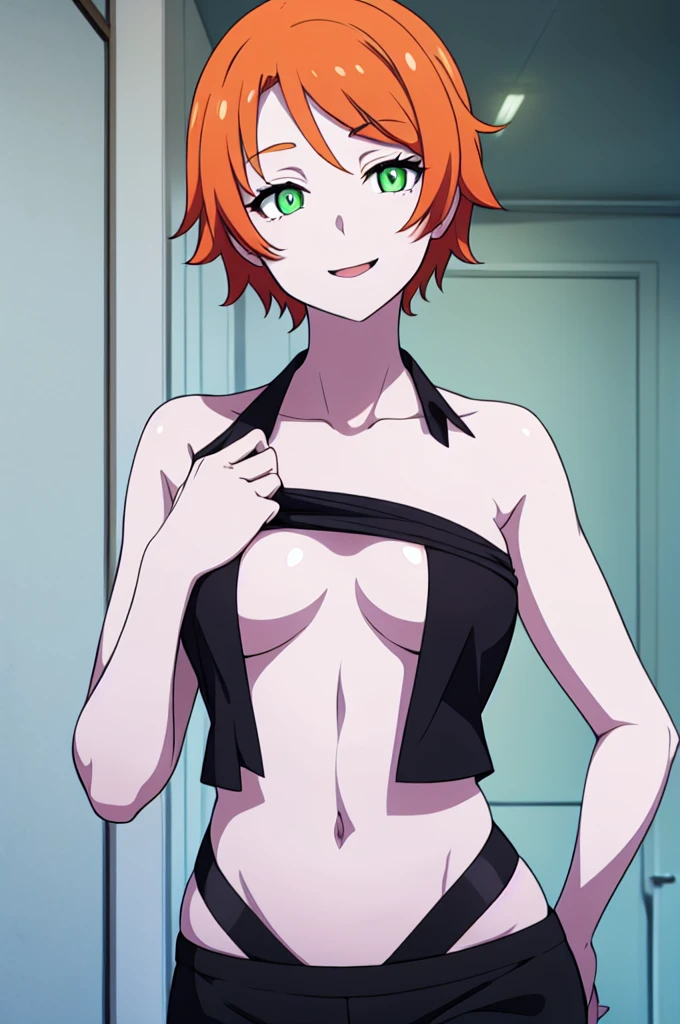sexy, NFSW, white skin, anime woman, happy, glowing green eyes, extremely short glowing orange hair, wearing a suit