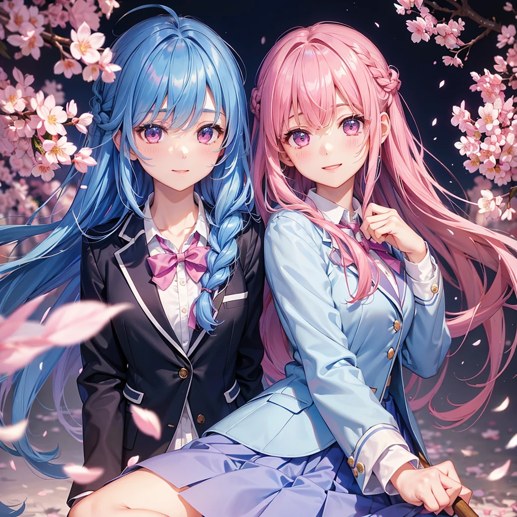 (Sky blue medium hair),(Braided hair tied together)、Pink eyes、Fair skin、(whole body)、(One Girl)、(School uniform blazer)、Cherry Blossoms at Night、A big smile、、(masterpiece、Highest quality、Very detailed、Best Shadow)、(Detailed Background)、(Beautifully detailed face)、High contrast、(Best lighting、Very delicate and beautiful)、((Cinematic Light))、colorful、Hyper Detail、Dramatic Light、Exquisite detail、