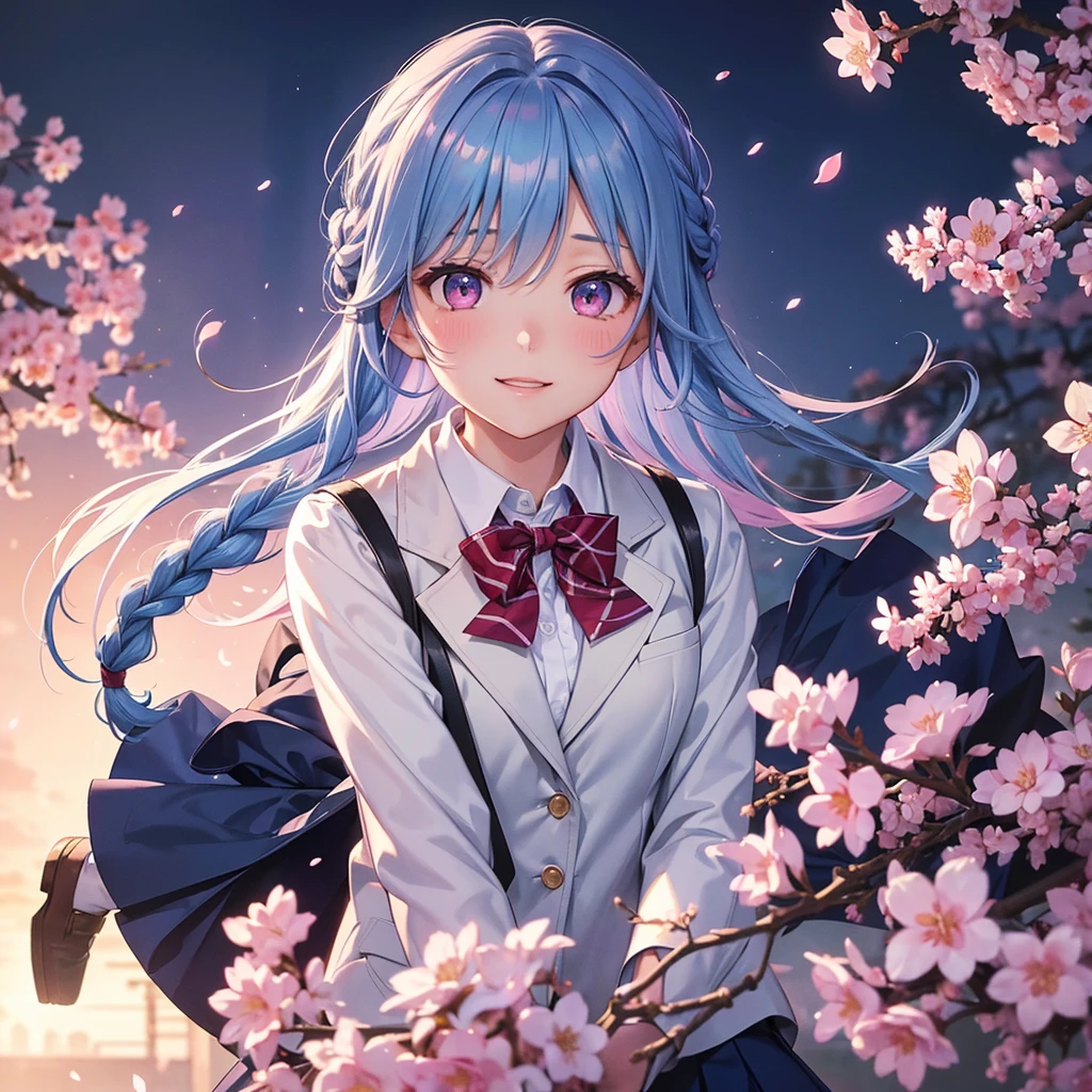 (Sky blue medium hair),(Braided hair tied together)、Pink eyes、Fair skin、(whole body)、(One Girl)、(School uniform blazer)、Cherry Blossoms at Night、A big smile、、(masterpiece、Highest quality、Very detailed、Best Shadow)、(Detailed Background)、(Beautifully detailed face)、High contrast、(Best lighting、Very delicate and beautiful)、((Cinematic Light))、colorful、Hyper Detail、Dramatic Light、Exquisite detail、