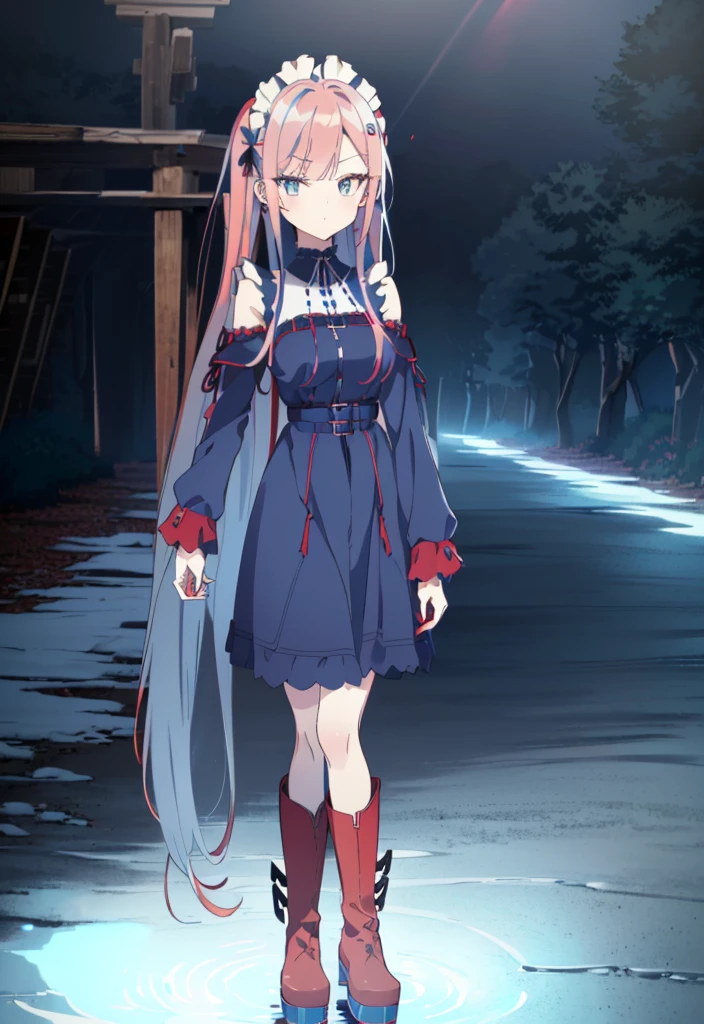 [(underground waterway background:1.4)::5],original,(illustration:1.1),(best quality),(masterpiece:1.1),(extremely detailed CG unity 8k wallpaper:1.1), (colorful:0.9),(mid shot:0.95),(full body:1.5),Dynamic angle,(solo:1.2), (girl),((adult)), (detailed beautiful eyes:1.15), (beautiful face:1.15), (glowing red eyes:1.25////),((medium hair)),((split-color hair , red hair , light blue hair)),(high twintails),(chignon),(+perfect hand+:1.21),(Draw an illustration of a gothic girl),(Religious),(slender),(is wearing boots on her feet),[((is wearing white maid clothes))],(furious), Lace Off-shoulder lolita fashion,beautiful slender woman,high twintails,full body,mini skirt,((split-color hair , red hair , light blue hair)),((black long boots)),((mini skirt)),((adult)),((dynamic angle)),((split-color hair , red hair , light blue hair)),((split-color hair , red hair , light blue hair)),((black long boots)),((black long boots)),((split-color hair , red hair , light blue hair)),[((split-color hair , red hair , light blue hair))],