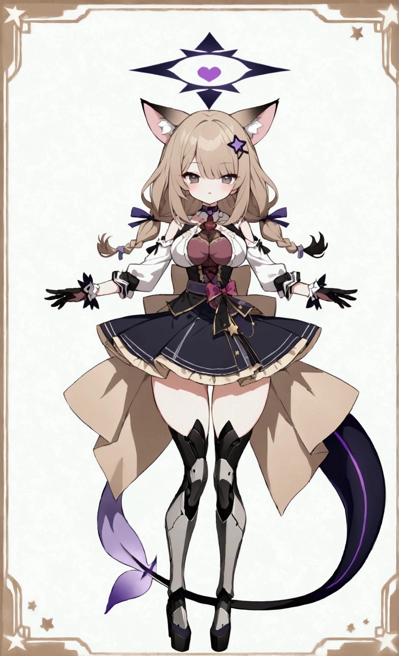 woman 170 cm tall. medium chest, wide hip, slim build, ((whole body)). (((character design sheet: front view))). (dark blonde hair, (hip-length wavy hair with asymmetrical bangs, star hairpin), (She has a short braid tied with an elegant purple ribbon on the left side of her hair above her chest). (She has a short braid tied with an elegant purple ribbon on the right side of her hair above her chest). She has small hair ties in the back of her hair..). ((Gray eyes with a pink 4-pointed star in the pupil)). (Two black and purple fox ears located on the top of the head). (Luminous black halo with purple star patterns above his head). He has a black collar with a heart emblem on his neck.. (Elegant long one piece dress, thigh-length lace and ruffle skirt, ribbon decorations and star patterns on the dress). black gloves, Black platform heels. gray belt at the waist with a large ribbon with a luminous pink heart in the middle. ((He has a succubus tail that ends in the shape of a purple heart.)). (((It has complex mechanical legs that reach up to the thighs and are black with small purple details..))). beautiful detailed hair, beautiful detailed dress. extremely detailed arms. extremely detailed face, small face, Beautiful detailed eyes, beautiful detailed lips. adorable. extremely detailed legs. (Best Quality, 4k, high resolution), ultra detailed, Exquisite and epic character art, ((White background)). (Focus on symmetry).