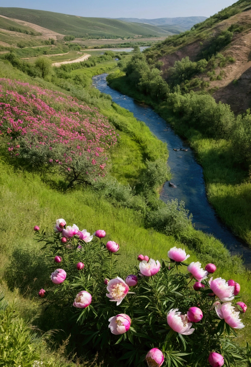 Valley of a small river, sunny day, view from a hill, in the foreground is a blooming angustifolia peony.