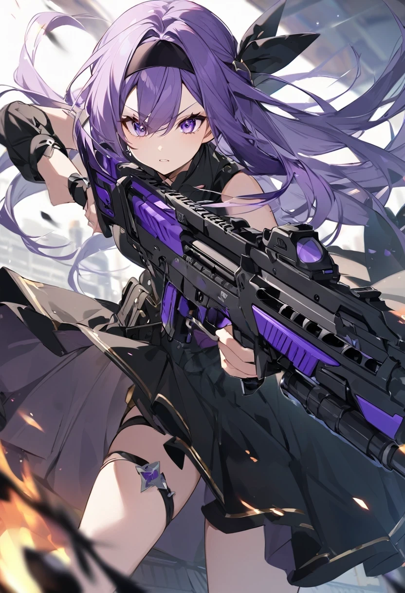 Keito。purple eye。purple Hair。holding purple assault rifle。black headband。long hair。wearing black dress。princess。action shot。ammo belt。