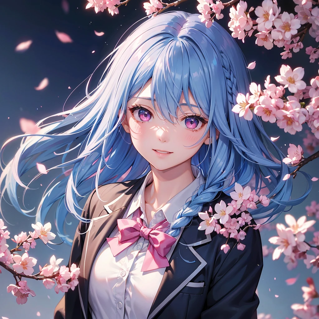 (Sky blue medium hair),(Braided hair tied together)、Pink eyes、Fair skin、(whole body)、(One Girl)、(School uniform blazer)、Cherry Blossoms at Night、A big smile、、(masterpiece、Highest quality、Very detailed、Best Shadow)、(Detailed Background)、(Beautifully detailed face)、High contrast、(Best lighting、Very delicate and beautiful)、((Cinematic Light))、colorful、Hyper Detail、Dramatic Light、Exquisite detail、
