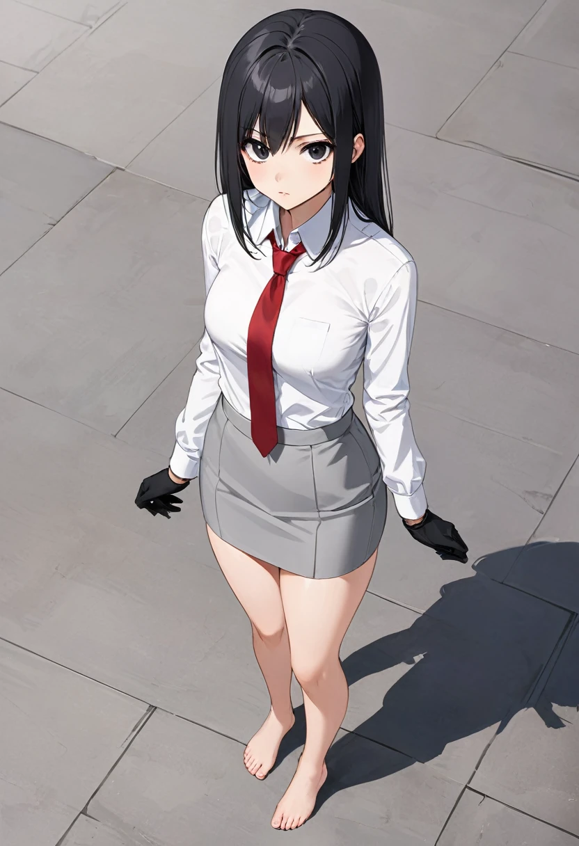 gray miniskirt , bare foot , white dress shirt , Gray pencil skirt , whole body , thighs , black hair , black eyes , straight hair , long sleeves , bare legs , View from above , Black gloves , red tie , standing posture