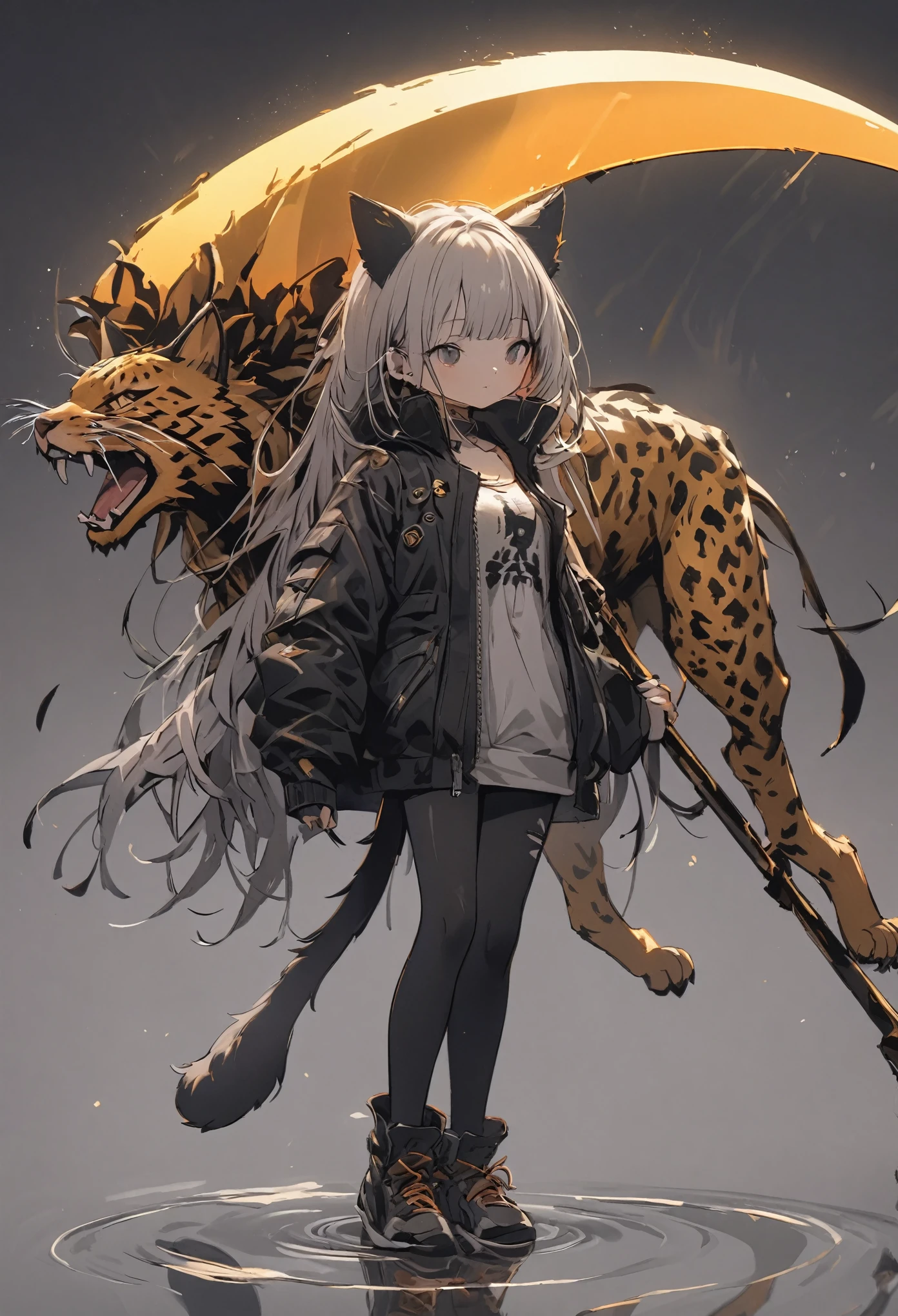 Detailed silhouette of a cyberpunk girl with cat ears and a tail, Flowing, Tattered coat, He carries a giant golden scythe with a mechanical cheetah design on it., Stand on the glossy, Minimalist reflective surface, Soft Gray Background.