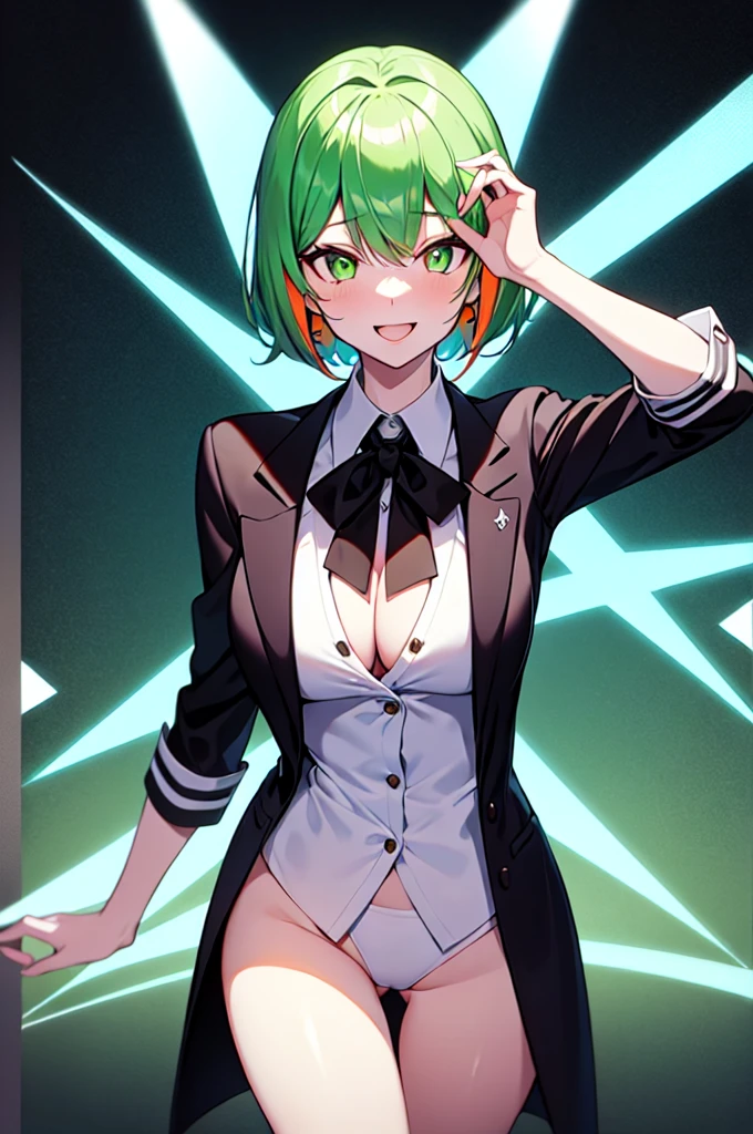 ????, NFSW, white skin, anime woman, happy, glowing green eyes, extremely short glowing orange hair, wearing a suit