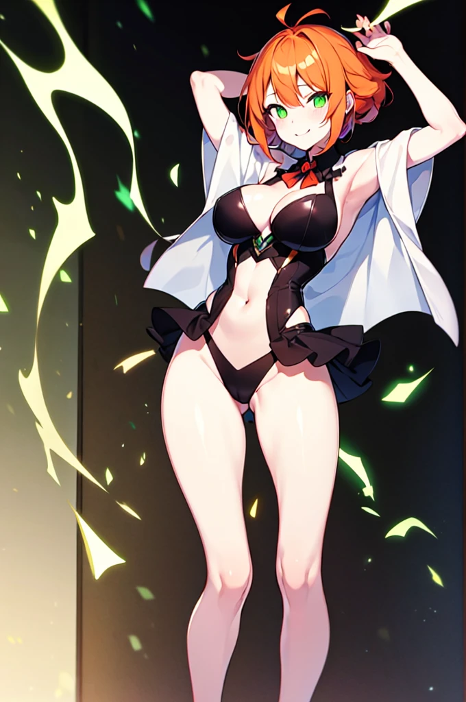 sexy, NFSW, white skin, anime woman, happy, glowing green eyes, extremely short glowing orange hair, wearing a suit