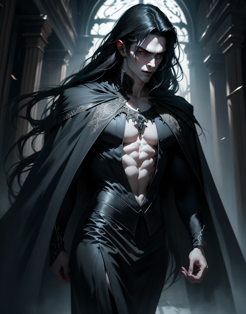 {anatomy}(Masterpiece - Ultra-detailed, very high resolution) Prepare to be enchanted by a true masterpiece that combines ultra-detailed art with high-resolution rendering. This work portrays a vampire man with long black hair (1.3) and captivating golden eyes (1.2), emanating an aura of mystery in dark settings. The intricate details and realistic textures invite you to explore every aspect of this enchanting composition. Vampire man wearing black cape. Serious expressions. Pale skin like a vampire. Gray blue dress. Walking, writing, standing, backwards, dynamic poses.