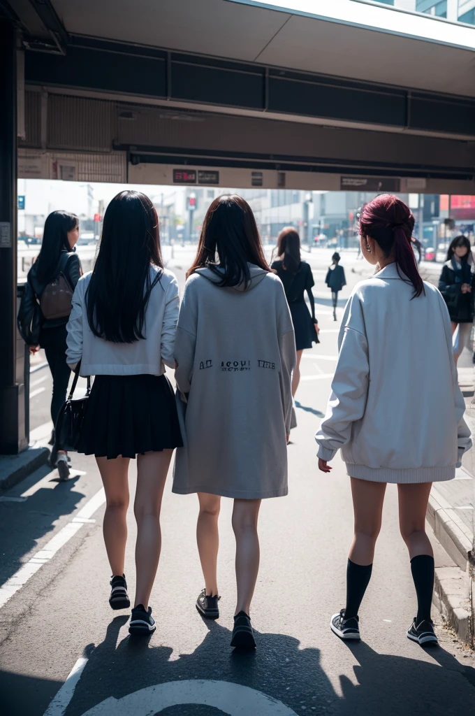 Five female kpop idols facing backwards walking in the shadow with only their silhouettes appearing on the street