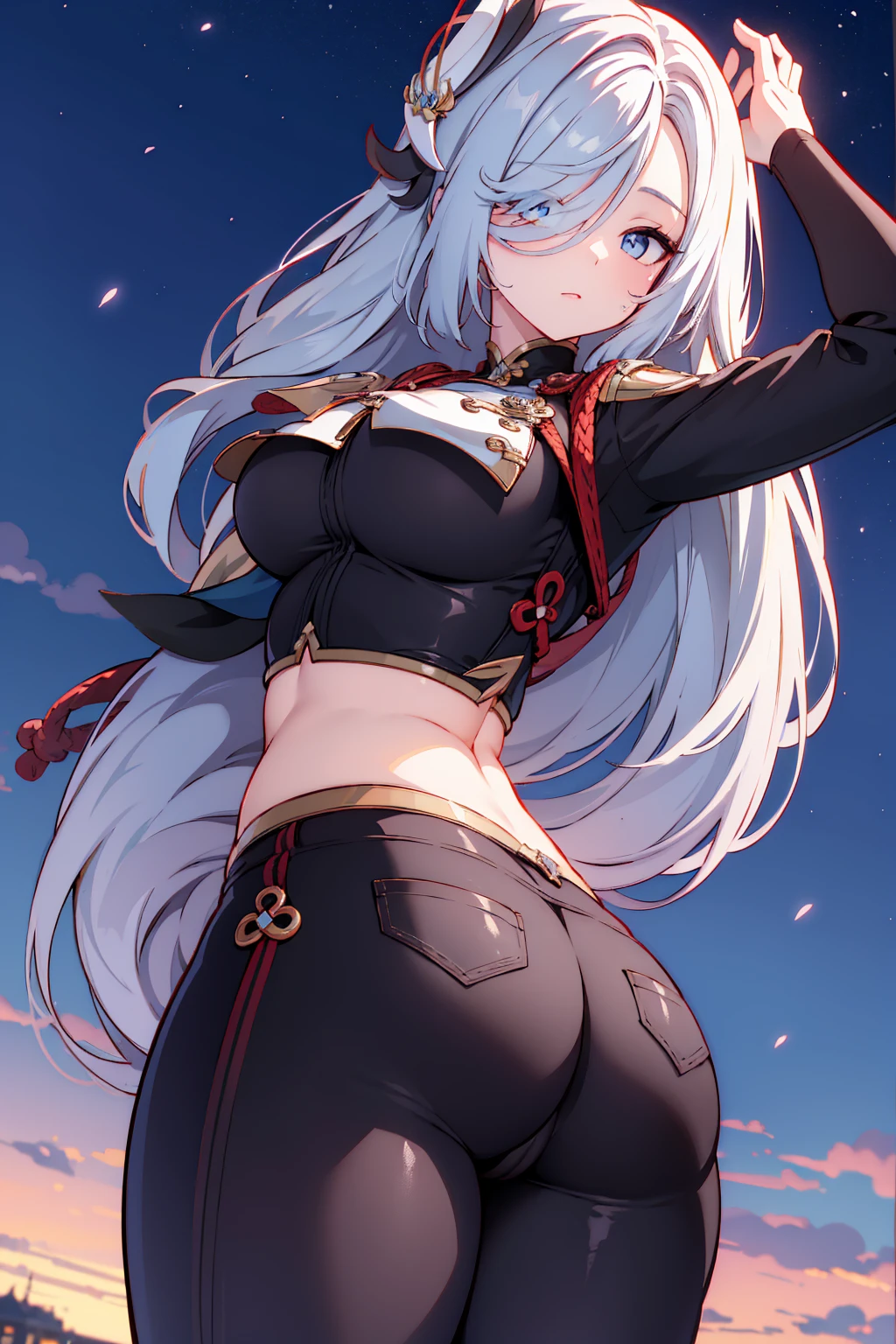 Shenhe, tight pants, , seductive, thick thighs, night sky view, realistic, best quality, masterpiece, ultra detail, ultra high res