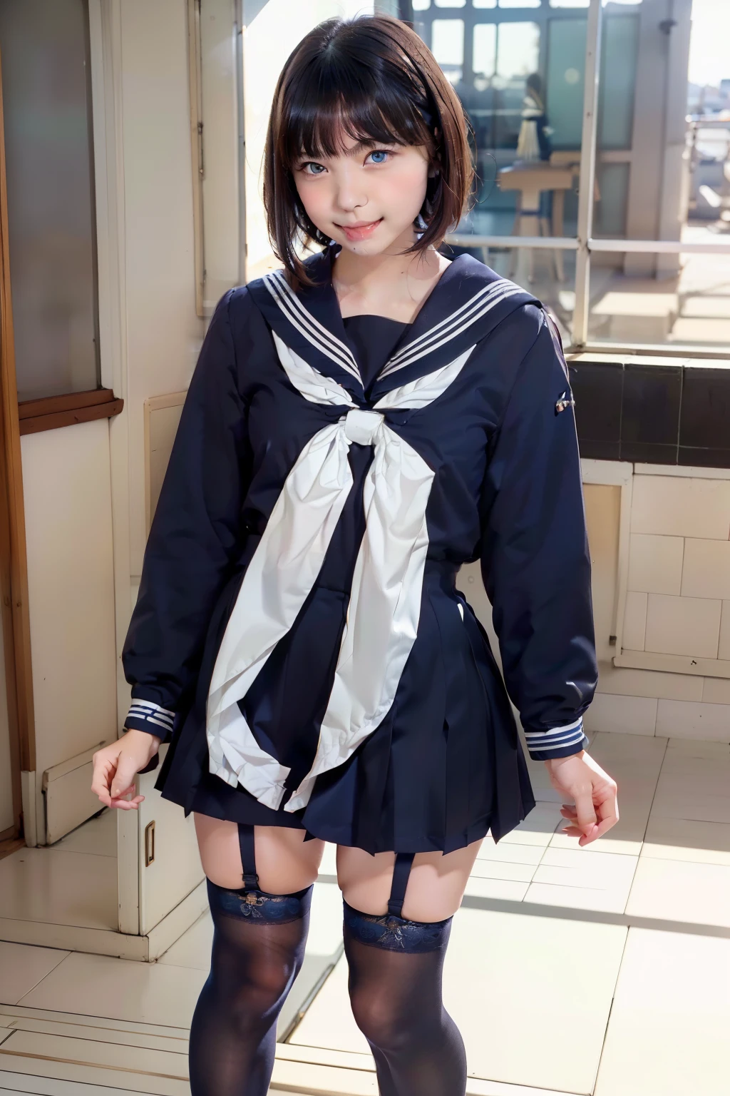 Sailor suit, One Woman, (Beautiful woman, delicate :1.3), Black Hair, bob cut, bangs,8K), (highest quality: 1.2), (Realistic), (Realistic: 1.37), (masterpiece), (Ultra-high resolution), (RAW Photos), (Absolute Resolution), (face is small compared to body: 1.4), (Small face:1.4), A balanced face, (Small Mouth: 1.4), (Slim female body: 1.4), (long sleeve sailor uniform:1.3), Realistic high school girl, (White headband:1.4), Small breasts, Slanted Eyes, Bright Blue Eyes, (Cafe on the open terrace), smile, Blurred, ((Full Body Shot)), Black Stockings, Black garter belt, Three white lines on the collar of a sailor uniform, sailor uniform, dark blue,