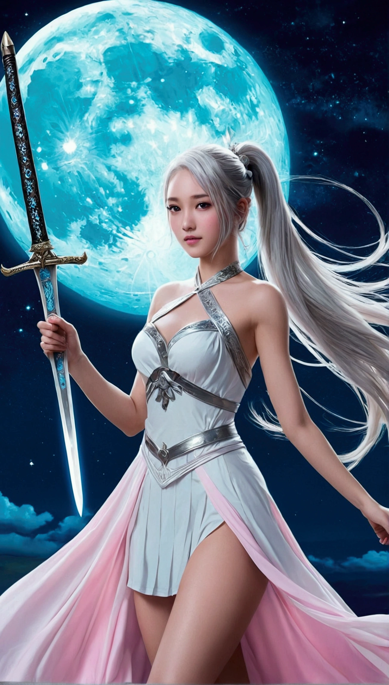 (best qualityer,Masterpiece artwork), pretty ager, beautiful goddess, sexy goddess, swords, white crane, The right hand, together, flowing dress, Slender legs Silver hair, By strip, Tie a ponytail, gorgeous hair accessories, detailed scenes, the night, Starry sky, cool light, fullmoon, (in pink, white colors, cyan colors), ((sideways)), ((upperbody)), ((realisitic))