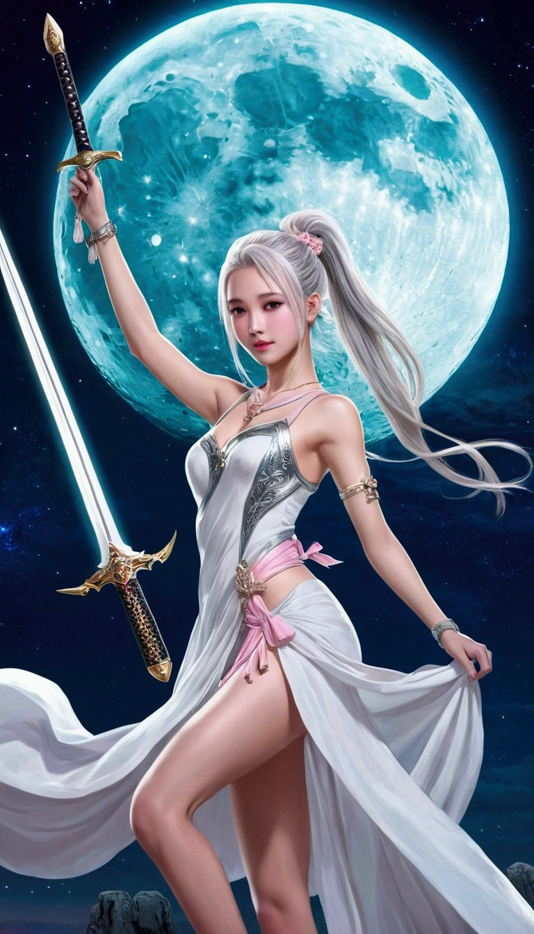 (best qualityer,Masterpiece artwork), pretty ager, beautiful goddess, sexy goddess, swords, white crane, The right hand, together, flowing dress, Slender legs Silver hair, By strip, Tie a ponytail, gorgeous hair accessories, detailed scenes, the night, Starry sky, cool light, fullmoon, (in pink, white colors, cyan colors), ((sideways)), ((upperbody)), ((realisitic))