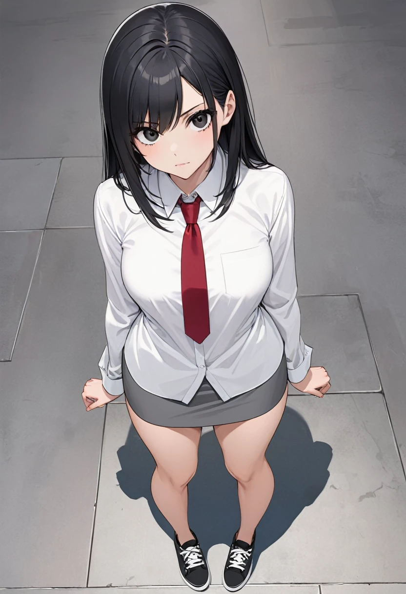 gray miniskirt , Black sneakers , white dress shirt , Gray pencil skirt , whole body , thighs , black hair , black eyes , straight hair , long sleeves , bare legs , View from above , , , red tie , standing posture