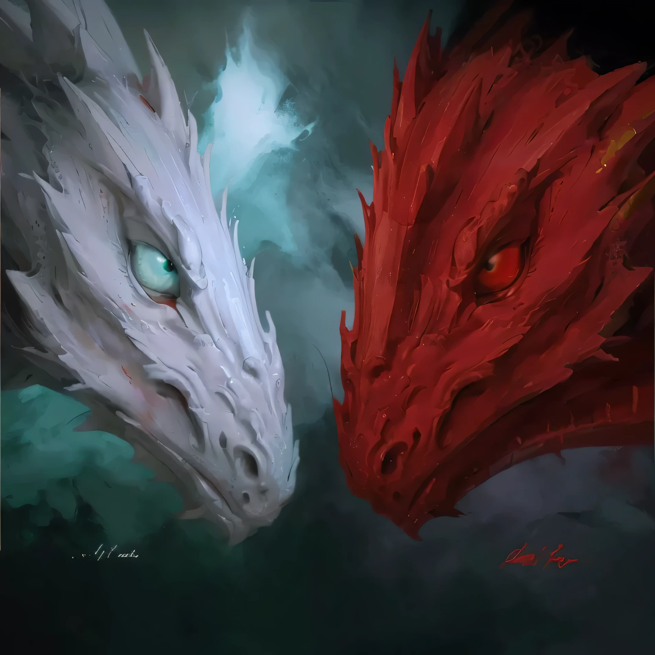 painting of two red and white dragons facing each other, godrays digital painting, ice and fire, dragon portrait, dragons, fan art, dragon art, anthro dragon art, red and cyan, digital painting”, dragon eyes, fire and ice, official fan art, art digital painting, d & d digital painting, aurora, sirius a and sirius b