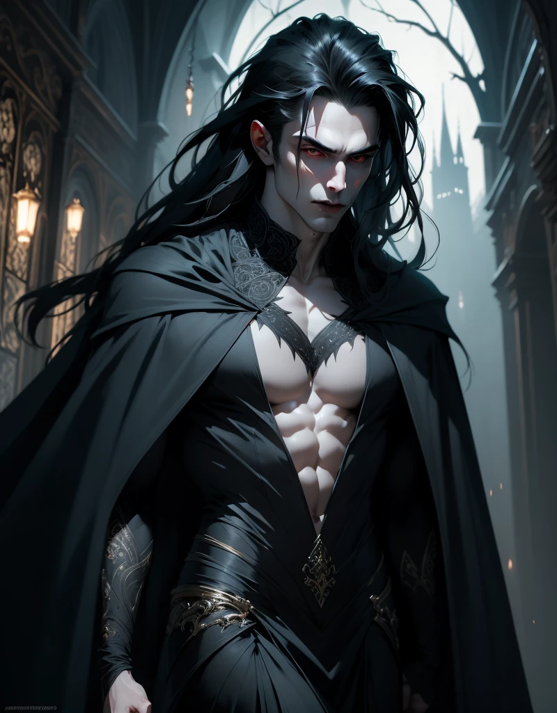 {anatomy}(Masterpiece - Ultra-detailed, very high resolution) Prepare to be enchanted by a true masterpiece that combines ultra-detailed art with high-resolution rendering. This work portrays a vampire man with long black hair (1.3) and captivating golden eyes (1.2), emanating an aura of mystery in dark settings. The intricate details and realistic textures invite you to explore every aspect of this enchanting composition. Vampire man wearing black cape. Serious expressions. Pale skin like a vampire. Gray blue dress. Walking, writing, standing, backwards, dynamic poses.