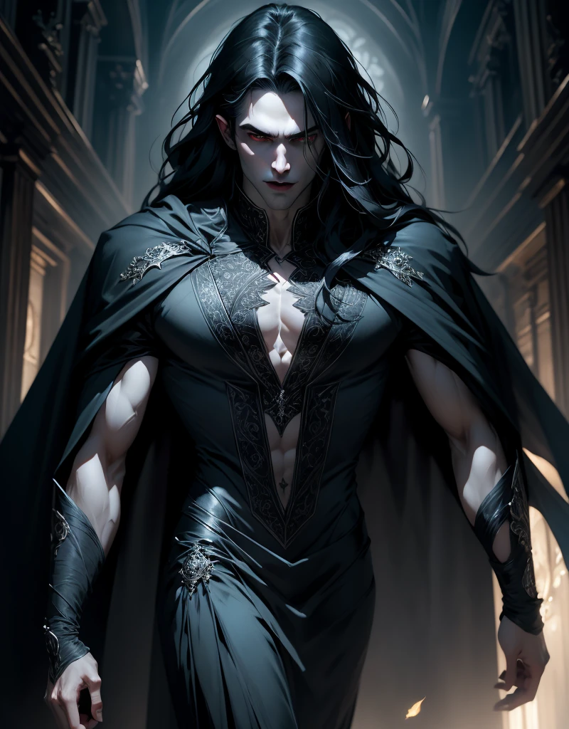 {anatomy}(Masterpiece - Ultra-detailed, very high resolution) Prepare to be enchanted by a true masterpiece that combines ultra-detailed art with high-resolution rendering. This work portrays a vampire man with long black hair (1.3) and captivating golden eyes (1.2), emanating an aura of mystery in dark settings. The intricate details and realistic textures invite you to explore every aspect of this enchanting composition. Vampire man wearing black cape. Serious expressions. Pale skin like a vampire. Gray blue dress. Walking, writing, standing, backwards, dynamic poses.