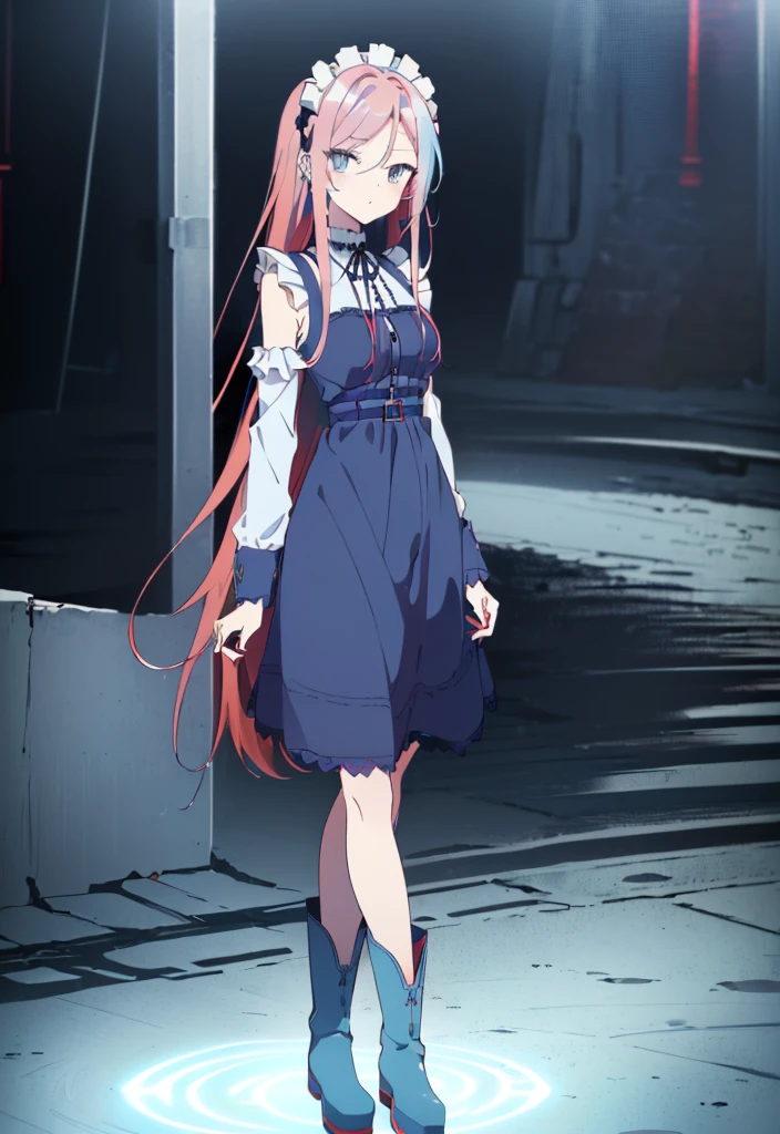 [(underground waterway background:1.4)::5],original,(illustration:1.1),(best quality),(masterpiece:1.1),(extremely detailed CG unity 8k wallpaper:1.1), (colorful:0.9),(mid shot:0.95),(full body:1.5),Dynamic angle,(solo:1.2), (girl),((adult)), (detailed beautiful eyes:1.15), (beautiful face:1.15), (glowing red eyes:1.25////),((medium hair)),((split-color hair , red hair , light blue hair)),(high twintails),(chignon),(+perfect hand+:1.21),(Draw an illustration of a gothic girl),(Religious),(slender),(is wearing boots on her feet),[((is wearing white maid clothes))],(furious), Lace Off-shoulder lolita fashion,beautiful slender woman,high twintails,full body,mini skirt,((split-color hair , red hair , light blue hair)),((black long boots)),((mini skirt)),((adult)),((dynamic angle)),((split-color hair , red hair , light blue hair)),((split-color hair , red hair , light blue hair)),((black long boots)),((black long boots)),((split-color hair , red hair , light blue hair)),[((split-color hair , red hair , light blue hair))],