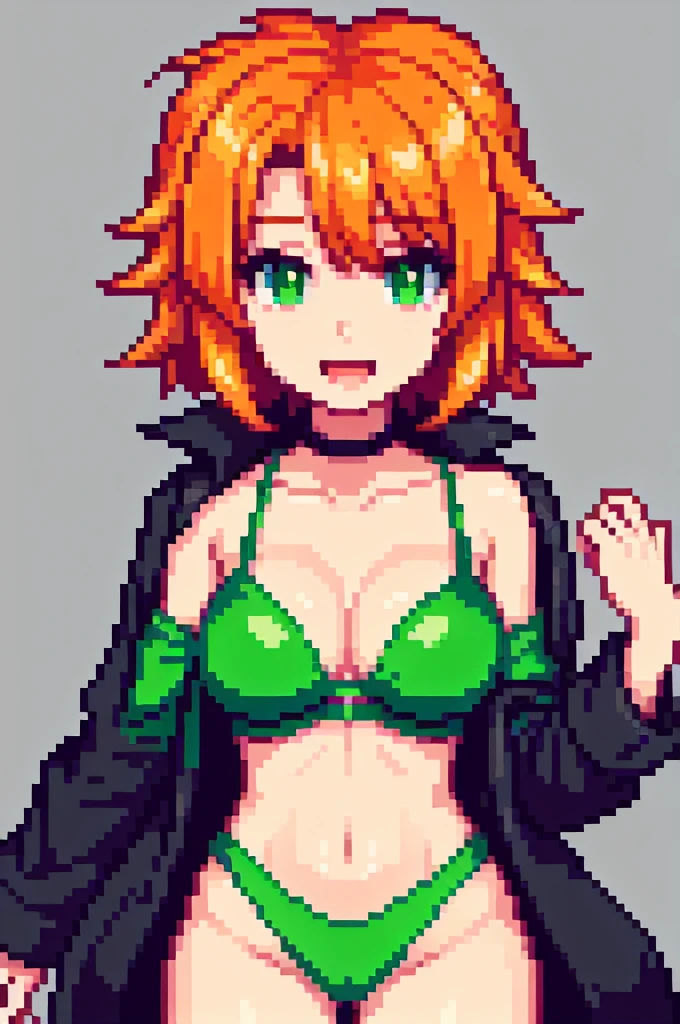 ????, NFSW, white skin, anime woman, happy, glowing green eyes, extremely short glowing orange hair, wearing a suit