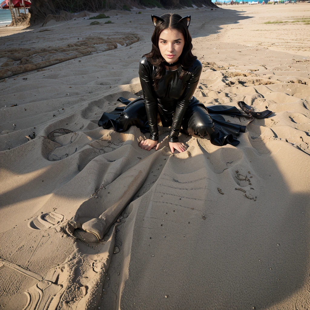 Cat girl in black latex dress on the beach 