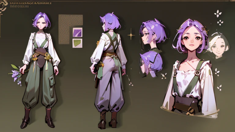 (Masterpiece, best quality), detailed, 1 gardener woman, ((character concept art)), ((character design sheet, reference sheet, same character, front, side, back)), full body, body complete, 1 gardener female, 1 gardener women. Character design sheet full body, Highly detailed, character sheet, character design, Many parts, pale skin, green eyes, short purple hair, male hairstyle, short male hair, lavender flower, lavender flower reference, lavender flower character reference, lavender flower inspired, flat chest, pants, Ecofashion, Ecopunk, Ecology, Earthy clothing, gardening clothing, gardening, garden, Solarpunk, Solarpunk reference, Solarpunk inspired, cottagecore aesthetic, cottagecore, pants, gold details, pastel purple, green and brown color palette for the clothes.