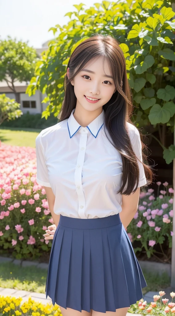 (Highest quality、Ultra-high resolution、８ｋ、masterpiece:1.3)、Beautiful woman with perfect figure:1.4、Black Hair、(School Uniform:1.4)、Big eyes、派手な、（high school girl）、(Navy blue pleated skirt)、Ultra mini skirt、A beautiful woman、School Bag、Highly detailed face and skin、Detailed eyes、Shiny thighs、double eyelid、Thin legs、The best smile、(((１people)))、(I can see her panties:1.5)、White panties、The best smile、Age is 1０years old、Perfect Proportions、whole body、(blue sky:1.4)、Baby Face、Touch your hair with your hands、The wind is blowing、(Skirt that flips up:1.4)、(Skirt lift)、Back view、look back、((Angle from below))、Tulip Fields、Beautiful Landscape、Blue sky、Good weather、