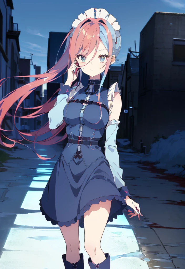 ((split-color hair , red hair , light blue hair)),[(city background:1.4)::5],original,(illustration:1.1),(best quality),(masterpiece:1.1),(extremely detailed CG unity 8k wallpaper:1.1), (colorful:0.9),(mid shot:0.95),(full body:1.5),Dynamic angle,(solo:1.2), (girl),((adult)), (detailed beautiful eyes:1.15), (beautiful face:1.15), (glowing red eyes:1.25////),((medium hair)),((split-color hair , red hair , light blue hair)),(high twintails),(chignon),(+perfect hand+:1.21),(Draw an illustration of a gothic girl),(Religious),(slender),(is wearing boots on her feet),((is wearing white maid clothes)),(furious), Lace Off-shoulder  fashion,beautiful slender woman,high twintails,full body,mini skirt,((split-color hair , red hair , light blue hair)),((black long boots)),((mini skirt)),((adult)),((dynamic angle)),((split-color hair , red hair , light blue hair)),((split-color hair , red hair , light blue hair)),((black long boots)),((black long boots)),((split-color hair , red hair , light blue hair)),((split-color hair , red hair , light blue hair)),((city background)),
