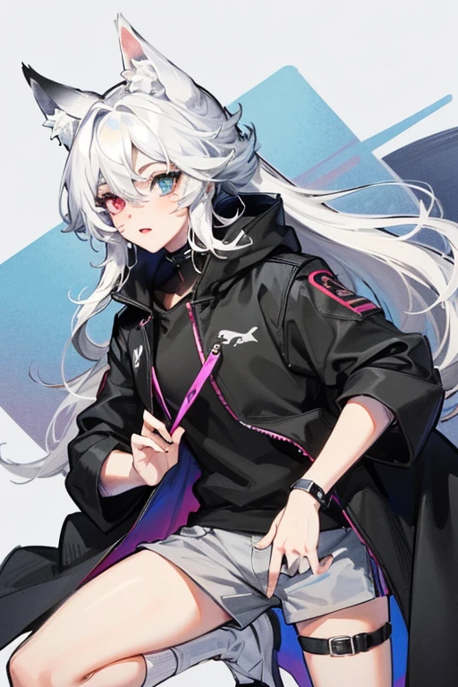 An oc of an hybrid that is half white wolf, half white shark and with heterochromia. Worn in black clothes with hair that is half purple and half black