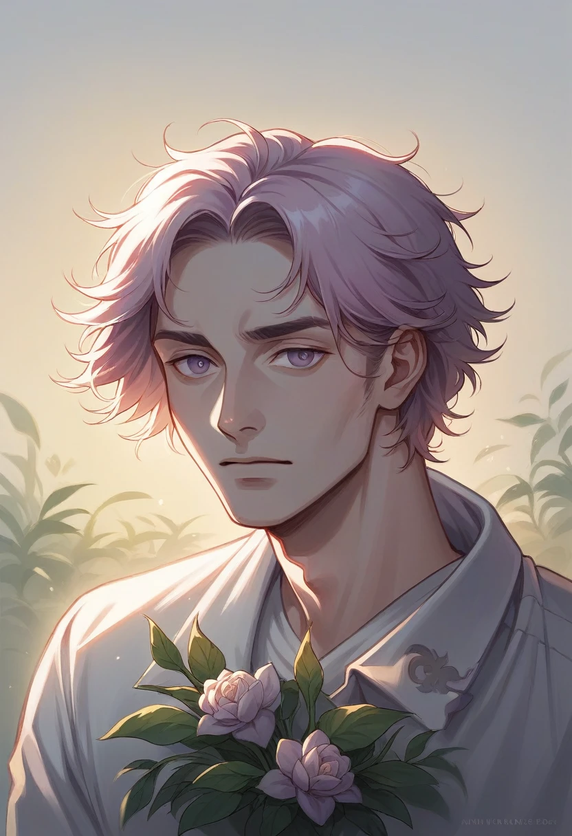 a man holding a delicate fleur-de-lis flower in a tranquil garden, with a wistful and reflective expression, soft and natural tones, a color palette including greens, blues, and lavenders, and a dawn sky in the background, symbolizing lost memory and beauty,(best quality,8k,highres,masterpiece:1.2),ultra-detailed,realistic,photo-realistic:1.37,cinematic lighting,dramatic composition,intricate details,serene atmosphere,muted colors,emotional portrait,thoughtful expression,natural setting,classical realism,romantic,bittersweet