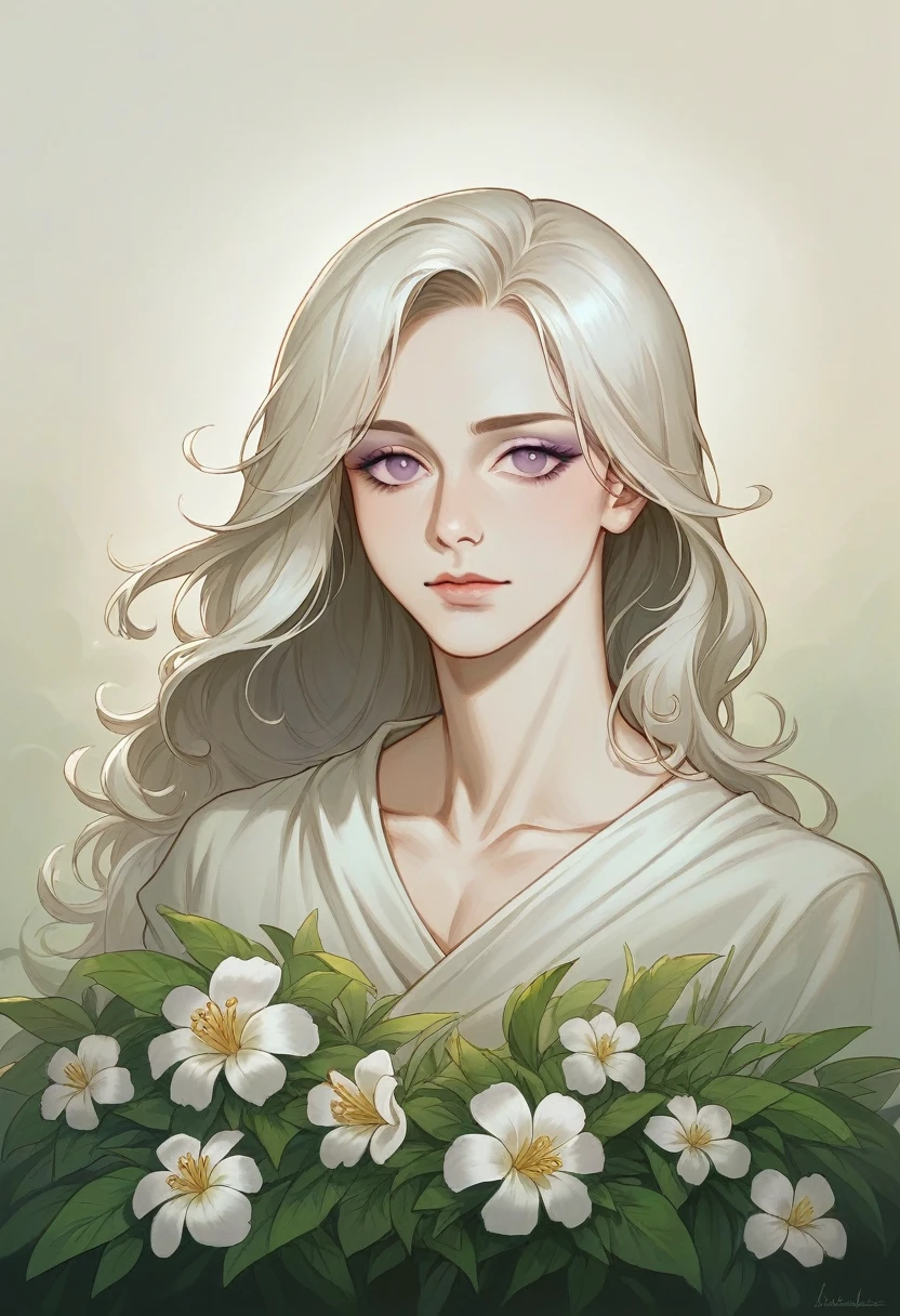a man holding a delicate fleur-de-lis flower in a tranquil garden, with a wistful and reflective expression, soft and natural tones, a color palette including greens, blues, and lavenders, and a dawn sky in the background, symbolizing lost memory and beauty,(best quality,8k,highres,masterpiece:1.2),ultra-detailed,realistic,photo-realistic:1.37,cinematic lighting,dramatic composition,intricate details,serene atmosphere,muted colors,emotional portrait,thoughtful expression,natural setting,classical realism,romantic,bittersweet