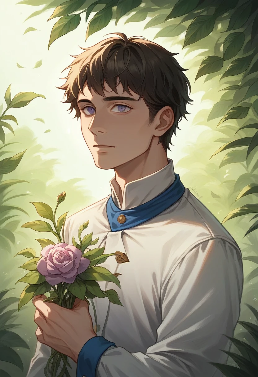 a man holding a delicate fleur-de-lis flower in a tranquil garden, with a wistful and reflective expression, soft and natural tones, a color palette including greens, blues, and lavenders, and a dawn sky in the background, symbolizing lost memory and beauty,(best quality,8k,highres,masterpiece:1.2),ultra-detailed,realistic,photo-realistic:1.37,cinematic lighting,dramatic composition,intricate details,serene atmosphere,muted colors,emotional portrait,thoughtful expression,natural setting,classical realism,romantic,bittersweet