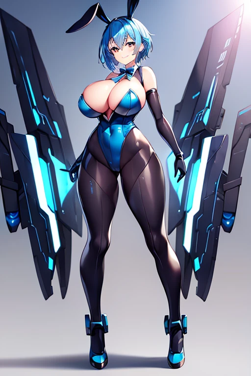 1girl, blue hair, large breasts, bunny ears, rabbit ears, wide hips, bodysuit, black bodysuit, short hair, very short hair, science-fiction, tech, futuristic, machinery, full body, ((full body)), smile, light smile, robot girl