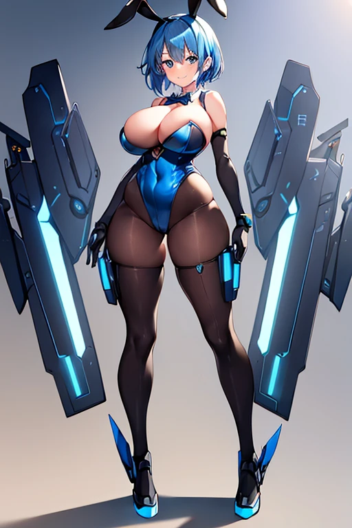 1girl, blue hair, large breasts, bunny ears, rabbit ears, wide hips, bodysuit, black bodysuit, short hair, very short hair, science-fiction, tech, futuristic, machinery, full body, ((full body)), smile, light smile, robot girl