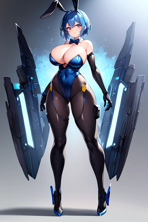 1girl, blue hair, large breasts, bunny ears, rabbit ears, wide hips, bodysuit, black bodysuit, short hair, very short hair, science-fiction, tech, futuristic, machinery, full body, ((full body)), smile, light smile, robot girl