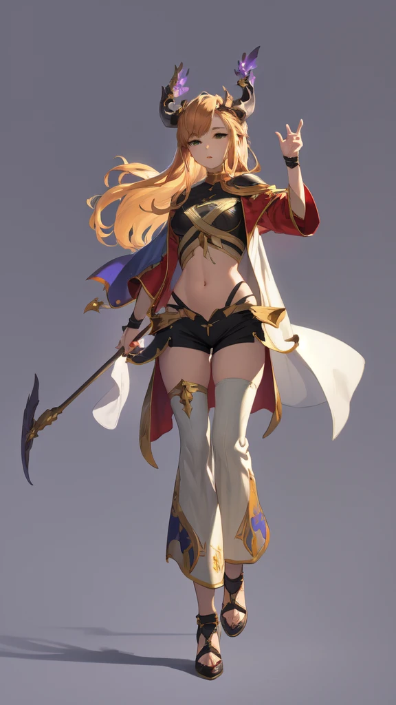 ((masterpiece,Best quality,8 k,A high resolution)),((character concept art)), 1 woman, young adult woman, Yellow medieval summer girl, concept, vines on the hand and horns from the vines, full length, whole body, magic hunter, White shorts,  (standing still), (full body showcase), (показать whole body), (no logos on background), (no logo), ((simple background)), ((simple background)), (((empty background)))