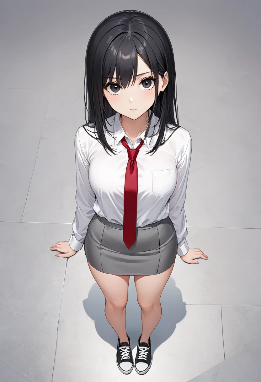 gray miniskirt , Black sneakers , white dress shirt , Gray pencil skirt , whole body , thighs , black hair , black eyes , straight hair , long sleeves , bare legs , View from above , , , red tie , standing posture