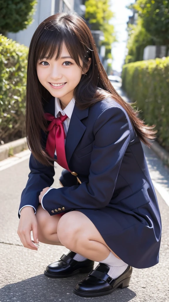 Reality、photo shoot、
Yasuko Tomita、18-year-old、
Hairstyle up、cute、
uniform、squat、
smile、Show pussy、