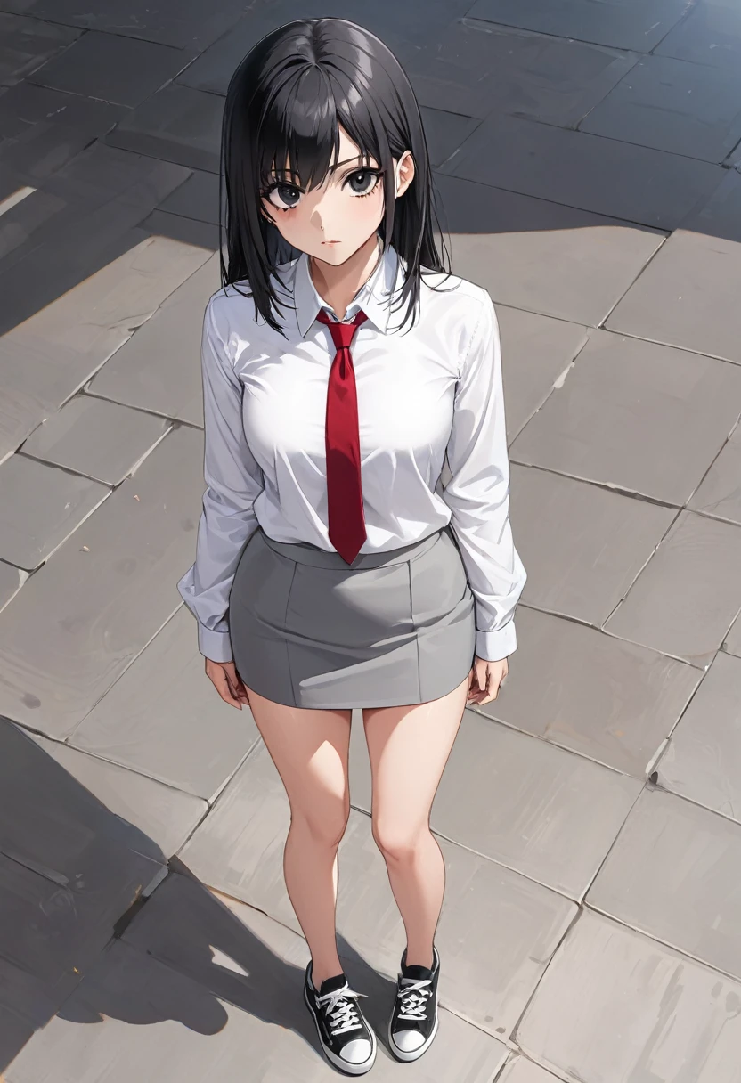 gray miniskirt , Black sneakers , white dress shirt , Gray pencil skirt , whole body , thighs , black hair , black eyes , straight hair , long sleeves , bare legs , View from above , , , red tie , standing posture