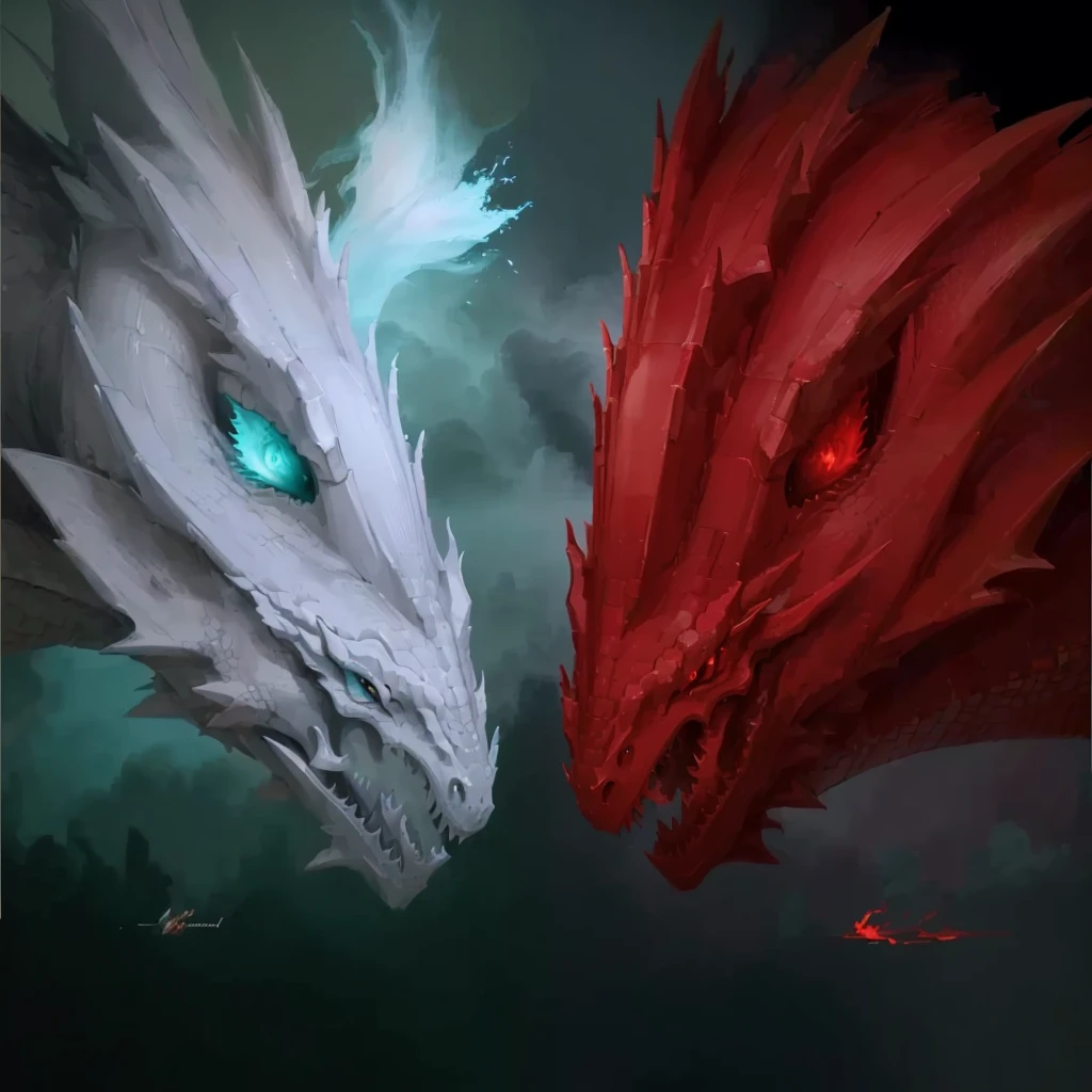 painting of two dragons facing each other with red and white feathers, ice and fire, godrays digital painting, dragons, dragon portrait, dragon art, d & d digital painting, dragon eyes, d & d fantasy digital painting, oil painting of dragon, fire and ice, red and cyan, portrait of a dragon, d&d commision art dragon