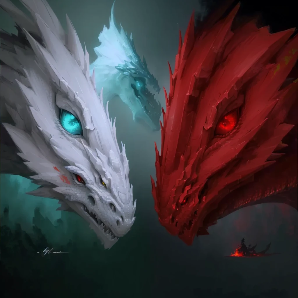 painting of two dragons facing each other with red and white feathers, ice and fire, godrays digital painting, dragons, dragon portrait, dragon art, d & d digital painting, dragon eyes, d & d fantasy digital painting, oil painting of dragon, fire and ice, red and cyan, portrait of a dragon, d&d commision art dragon