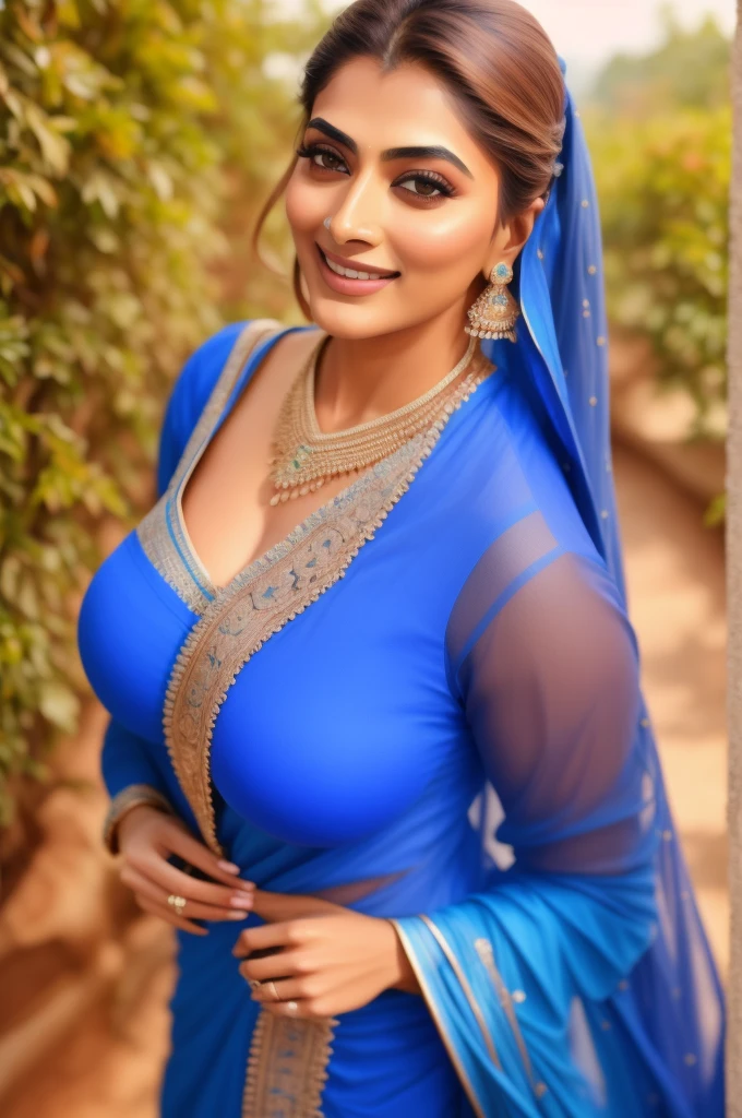 high quality photo of a 32 -year-old woman poojah ,blue color attire, detailed smiling face, outdoor photoshoot, Sony A7s3 Camera, Sigma Art 1.2 85MM lens, dramatic lighting, 