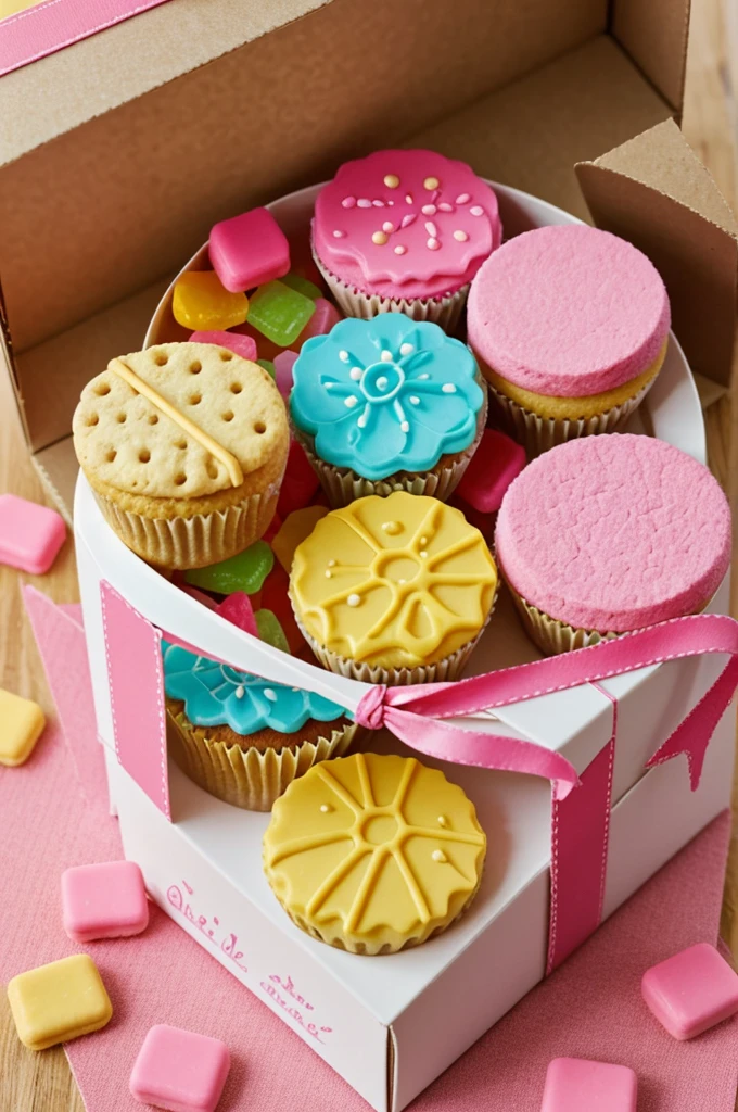 Create an image of an arrangement of a little box that has: cupcake, Sweet gummies, snack or galletas, plastic juice bottle, everything in the box for girls and boys