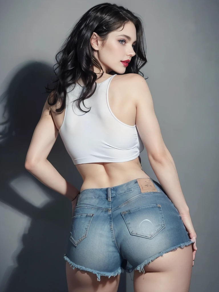 Caucasian woman, (((black hair))), (((wavy hair))), ((long hair)), ((blue eyes)), ((lined eyes)), shiny eyes, highlights eyes, ((red lipstick)), ((makeup)), smile, ((athletic body)), (((medium breasts))), nipples, ((legs)), (((white top))), ((Low-cut top)), sleeveless top, ((Blue denim shorts)), standing, back, buttocks, ass, back view, ((shot from behind)).