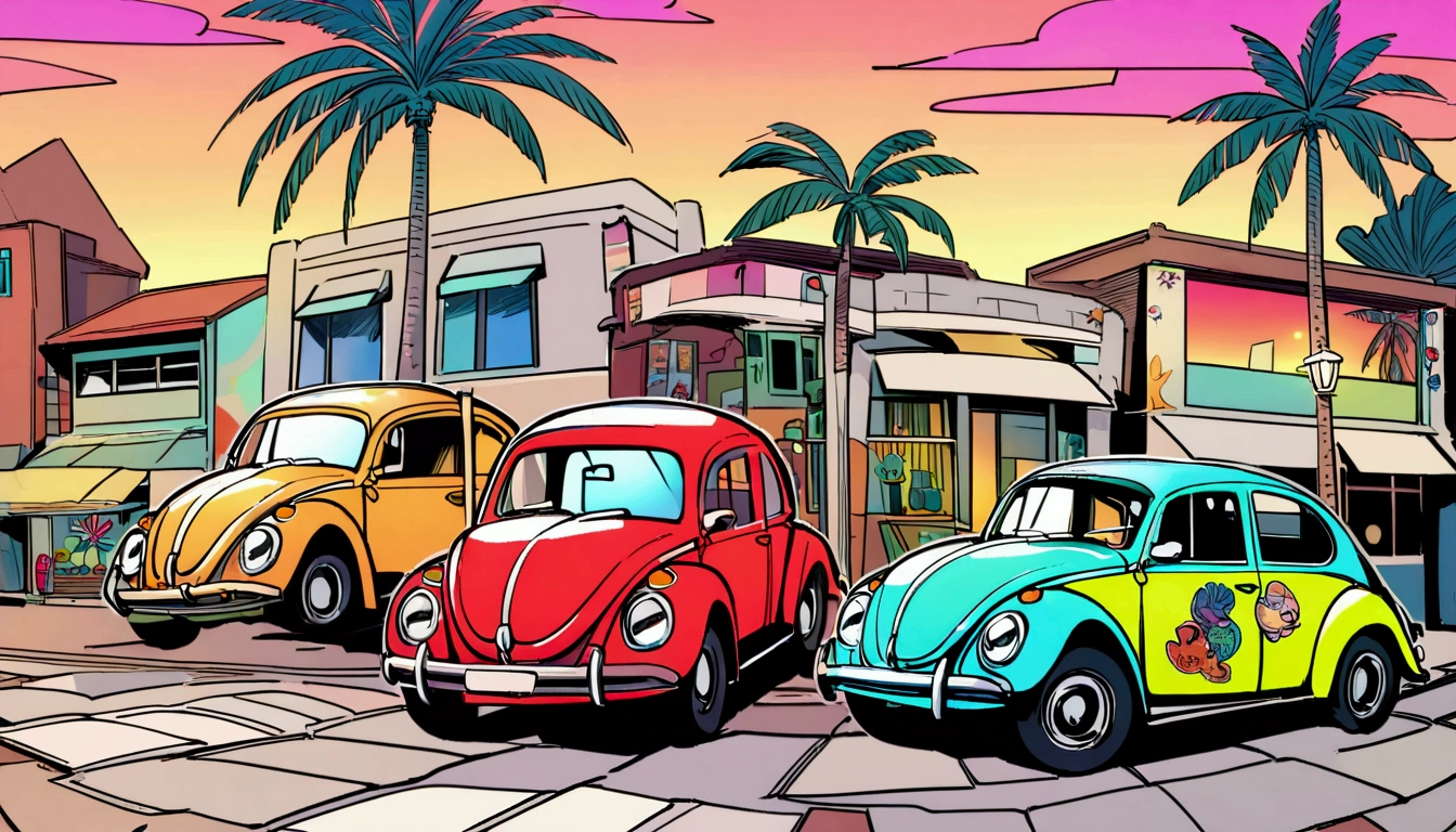 ((Sticker design)), Volkswagen Type 1 beetle, Sunset background, Palm tree, Layers with 5 colors, Corner Street, Belek's Drums, Plethean,