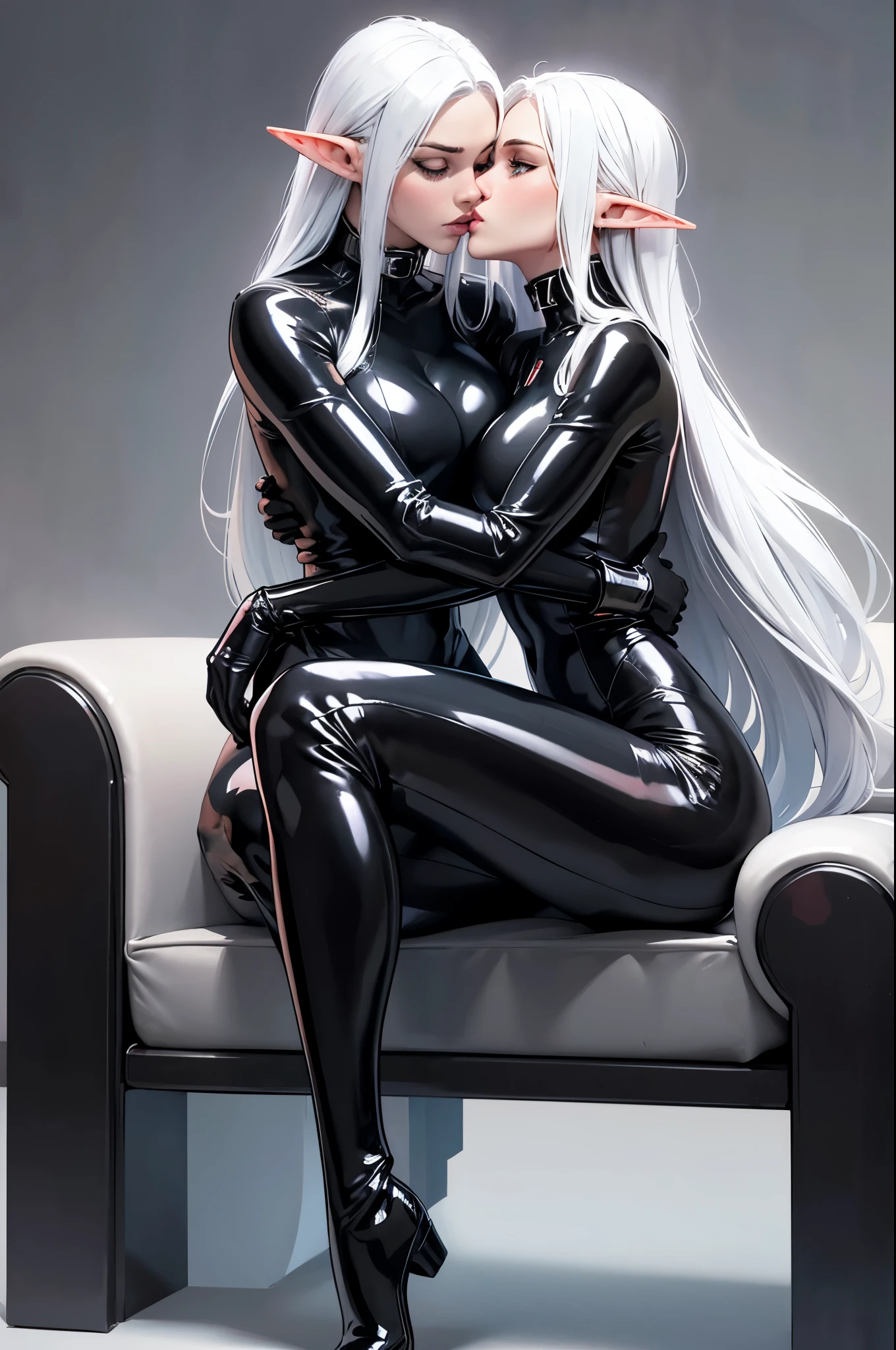 elf girls, super fine photo, portrait Unreal Engine 5 8K UHD, two elf girls, beautiful girls, elf, long white hair, tight black latex catsuit, long zipper, in a skin tight black latex outfit, slick black catsuit, black iconic character, smooth black skin, black body, PVC, some black, futuristic glossy latex suit, rubber suit, rubber belts, collar, rubber glove, rubber high boots, arm and leg cuffs, straps, best quality, masterpiece, official art, unified 8k wallpaper, super detailed, sharp focus, hugging, kissing, erotically sitting on a leather sofa, dynamic pose, body parts, no extra limbs, precisely anatomy