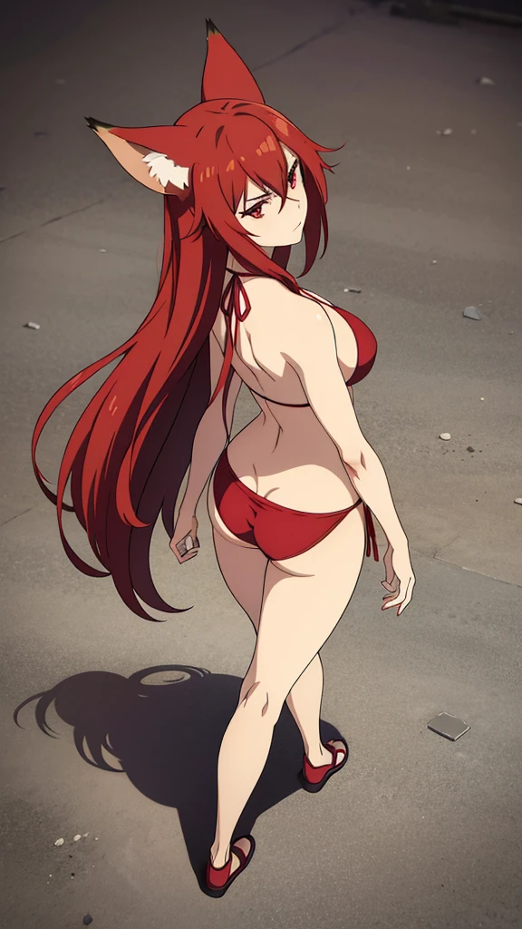 1girl ,20s,mature female,serious face,solo,red hair,red eyes,shot hair,fox ears,fox tail,hair between eyes,(simple background),bikini,full body,from back,(looking back),walking(from above)