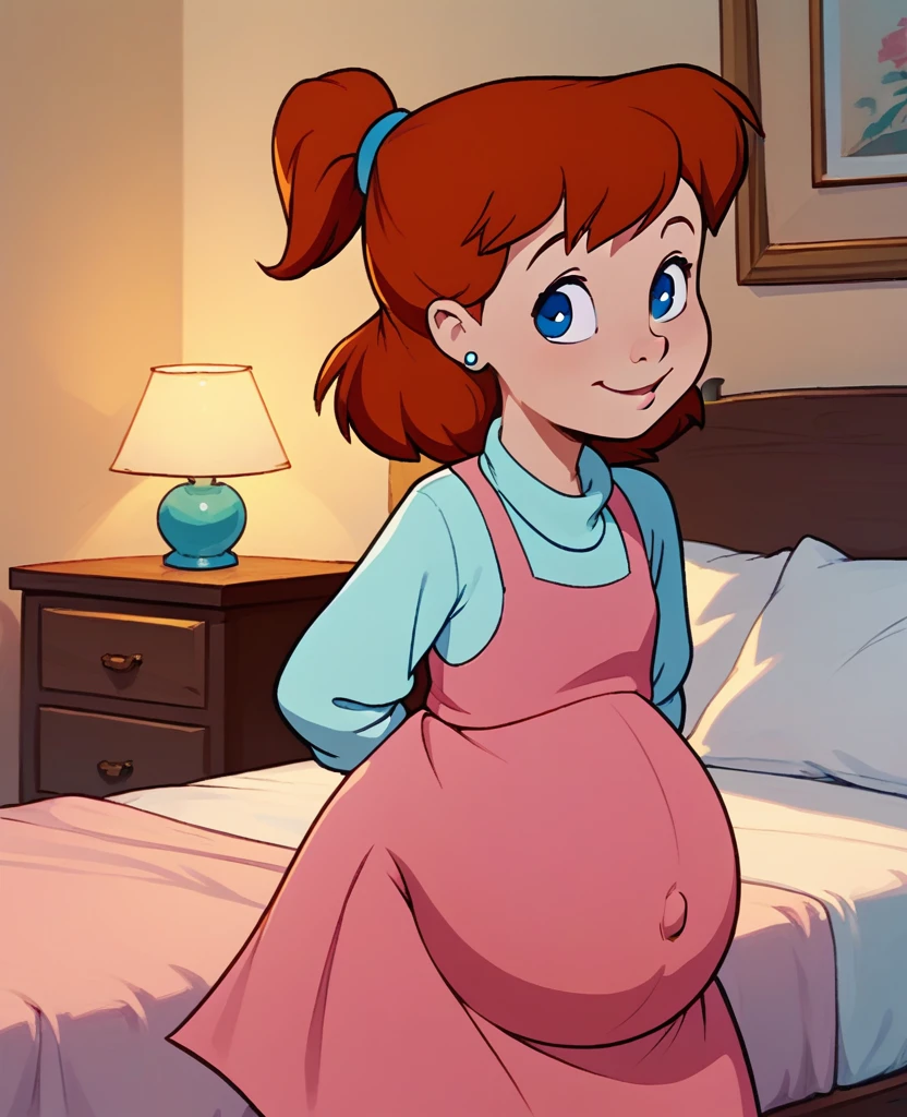 score_8, score_9, jenny, 1 girl, Alone, Brown hair, Blue eyes, earrings, standing, In the bedroom, SMILE, pink dress, hyper-pregnant, exposed abdomen 